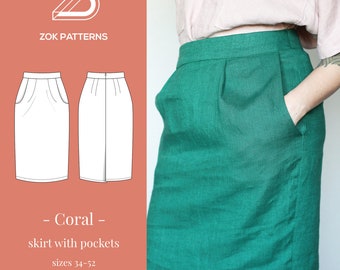 CORAL - pencil skirt with pockets - fitted skirt - sewing pattern - PDF pattern - printable - at home print pattern