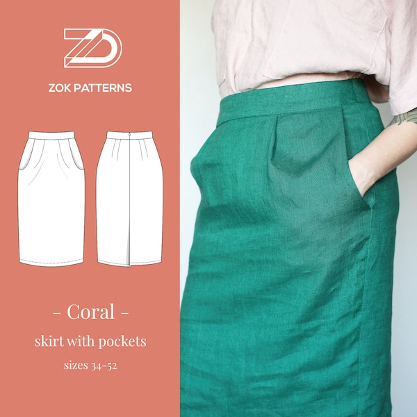 CORAL - pencil skirt with pockets - fitted skirt - sewing pattern - PDF pattern - printable - at home print pattern