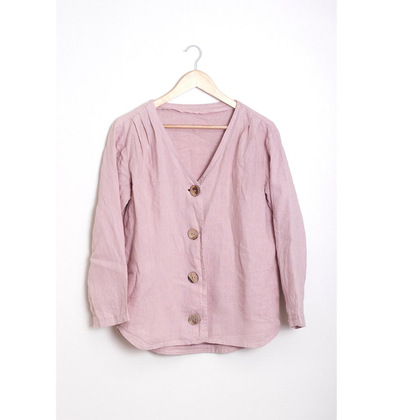 LINEN blouse pink rose SHIRT casual sweater COCONUT buttons natural fabric jacket image 2