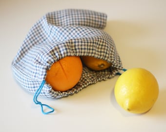 Reusable fruit and vegetable bag, zero waste linen produce bag, drawstring bag for groceries