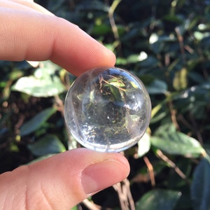 May include: A clear glass sphere, possibly a paperweight or a decorative ornament, is held in a person's hand. The sphere is reflecting the surrounding greenery.