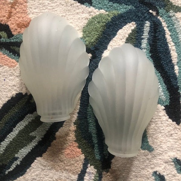 Two Pair of Vintage 8" Art Deco Revival Frosted Glass Seashell Slip Shade, Art Deco Revival Bathroom Light Fixtures, Seashell Glass Sconces