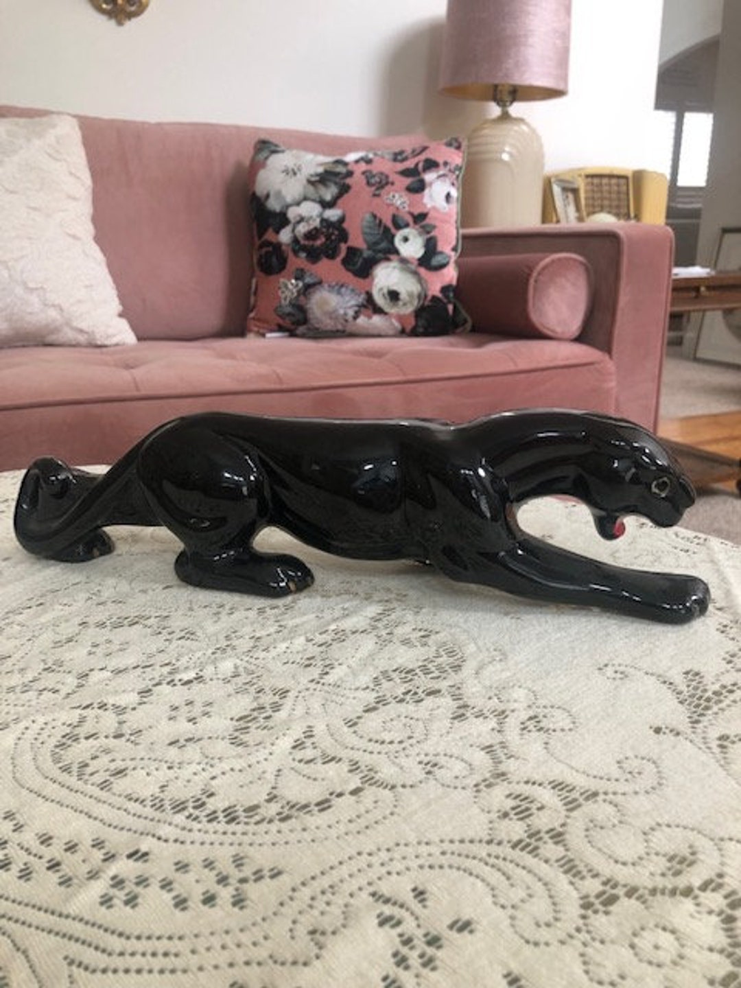 Midcentury Modern Black Ceramic Panther Statue With Green Etsy