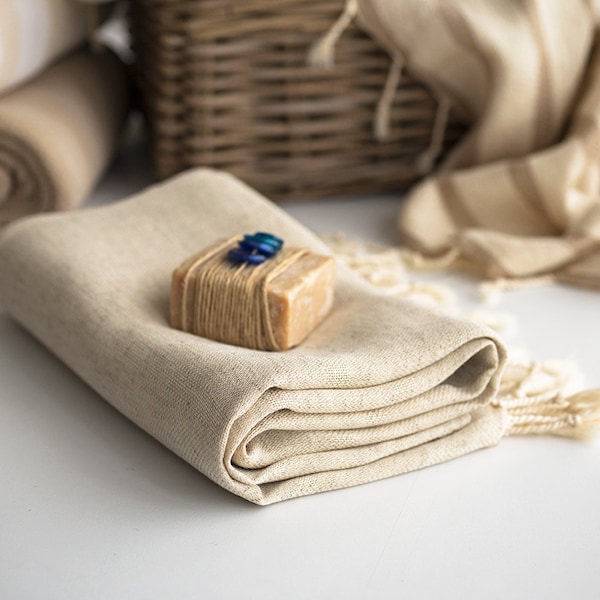 Deniz Unbleached Linen and Cotton Peshtemal Turkish Towel aka Fouta for Bath & Beach from Istanbul Boutique Shop