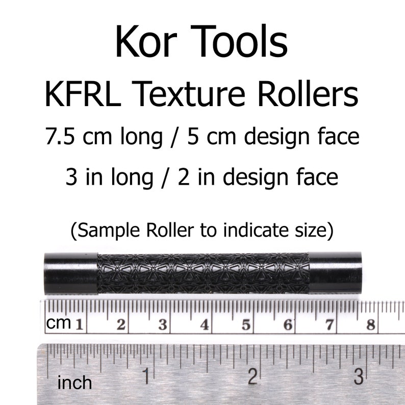May include: A black textured roller for creating patterns on surfaces. The roller is 3 inches long and has a 2-inch design face. A ruler is shown for scale.