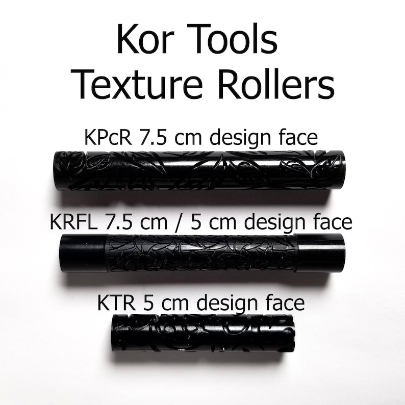 May include: Three black texture rollers for crafting. The rollers are labeled with their size and design face: KPCR 7.5 cm design face, KRFL 7.5 cm / 5 cm design face, and KTR 5 cm design face.
