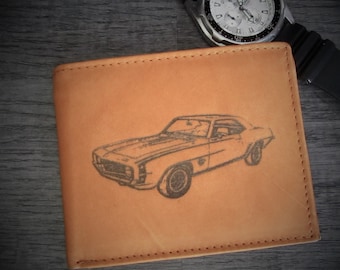 Men's Tan Bi-Fold Leather Wallet w/ 1967-2024 Chevy Camaro Image (Choose SS, RS, Z-28, Iroc-Z, ZL-1 Images From Pictures) Great Gift!