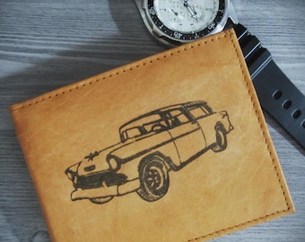 Men's Leather Bi-fold Wallet with a Laser-Etched 1955 Chevy Nomad Image