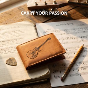Men's Leather Wallet with Your Choice of Electric, Acoustic, Bass, Guitar, Drum Set or Piano Musical Instruments Image *Gift*