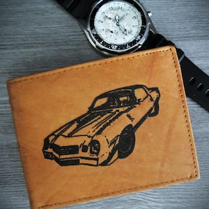 Your Choice of a 1967-2024 Chevy Camaro (Iroc-Z, SS, RS, Z-28,  ZL-1, 1LE, Baldwin Motion) Image on a Genuine Leather Wallet
