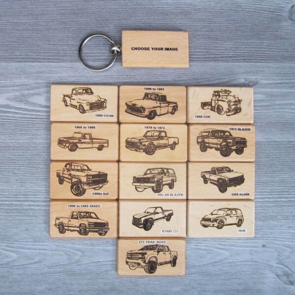 Key Fob w/ Choice of 1950-23 Chevy Truck/ SUV Image (3100, C-10, K5 Blazer, C/K, 454SS, Trailblazer SS, HHR, Z71, Trail Boss) Great Gift!