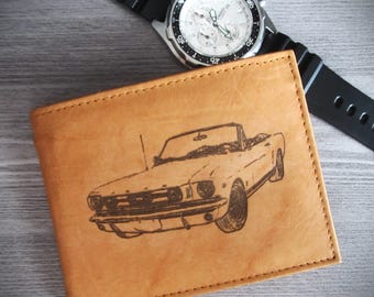 Men's Leather Bi-fold Wallet with a Laser-Etched 1965-1966 Ford Mustang GT Convertible Image