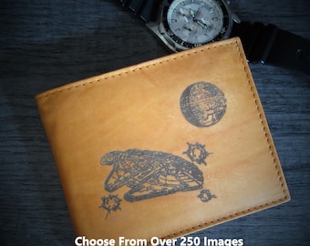 Choose From Over 250 Car, Truck, Motorcycle, Western, Sci-Fi & More Images on a Men's Tan Bi-Fold Leather Wallet *See Pictures* Great Gift!