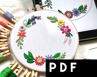 March Floral Wreath Embroidery Pattern of the Month. Beginner Floral Embroidery Pattern. Colourful Floral Embroidery PDF Pattern