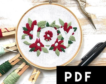 Joy Floral Christmas Embroidery Pattern. Holiday DIY Embroidery Pattern Digital Download. Christmas Beginner Embroidery PDF. Joy Embroidery