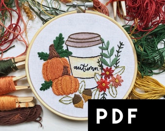 Coffee Cup and Pumpkins October Embroidery Pattern of the Month Club. Autumn Floral Embroidery Pattern. Beginner Modern Hand Embroidery PDF