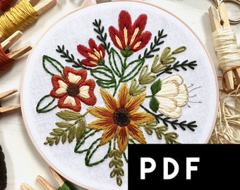 Autumnal Florals September Embroidery Pattern of the Month Club. Fall Flowers Embroidery Pattern. Autumn Beginner Modern Hand Embroidery PDF