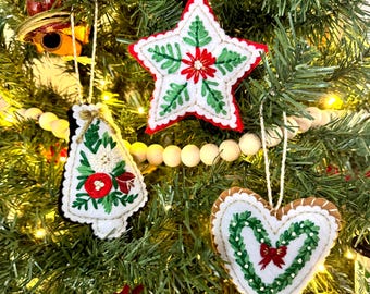 THE FESTIVE TRIO Felt Ornament Project Instagram Stitchalong. Holiday Ornaments Embroidery Pattern. Christmas Beginner Hand Embroidery