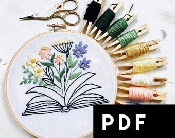 August Book and Floral Embroidery Pattern of the Month Club. Digital Download Embroidery Pattern. Book Beginner Modern Hand Embroidery PDF