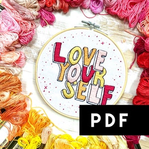 January 2020 Embroidery Pattern of the Month Club. Self Care Quote Embroidery Pattern. Modern Hand Embroidery PDF Pattern. Self Care Gift