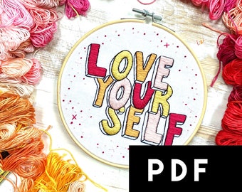 January 2020 Embroidery Pattern of the Month Club. Self Care Quote Embroidery Pattern. Modern Hand Embroidery PDF Pattern. Self Care Gift