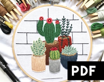 April Embroidery Pattern of the Month Club. Digital Download Cactus Succulent Embroidery Pattern. Cactus Beginner Modern Hand Embroidery PDF