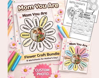 Personalized Mom Flower Craft Bundle, Custom Photo Kids Activity (Digital Download)