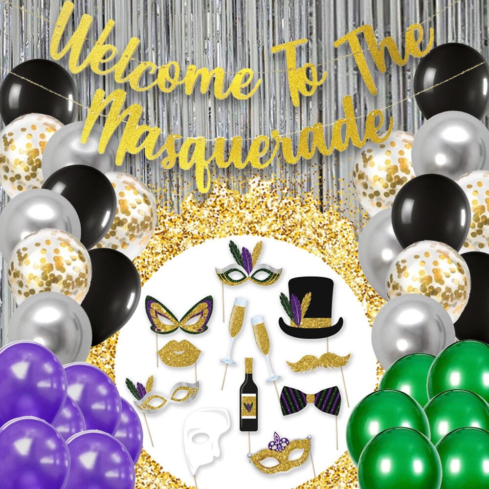 Masquerade Party Decorations Kit welcome to the Masquerade Banner 12 Photo  Booth Props 2x Silver Foil Fringe Gold Silver Balloons 