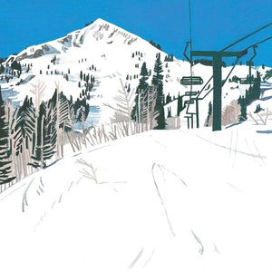 Skiliftillustratie, winterbergschilderij, skikunst, Wasatchgebergte, alpine decor, stoeltjeslift