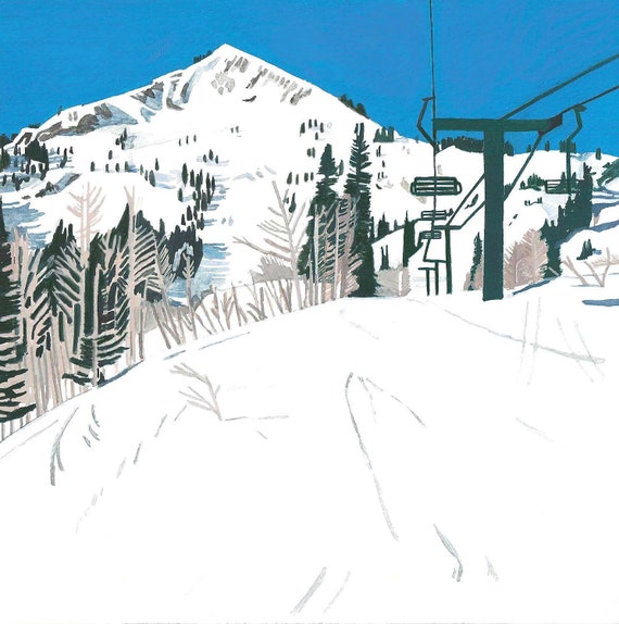 Ski Lift Illustration, Winter Mountain Painting, Skiing Art
