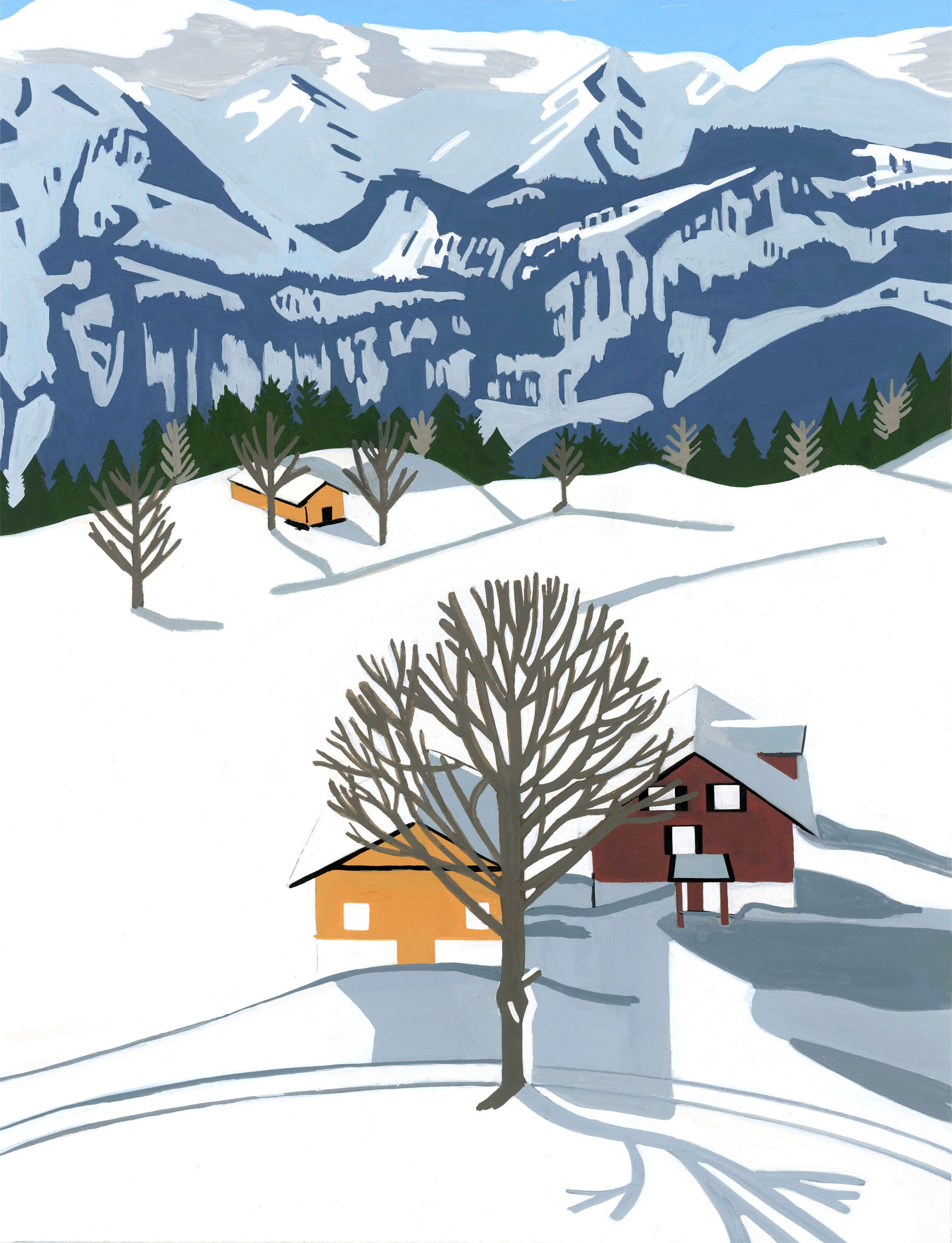 Swiss Chalet Print, Swiss Alps Gouache Illustration, Alpine Landscape ...