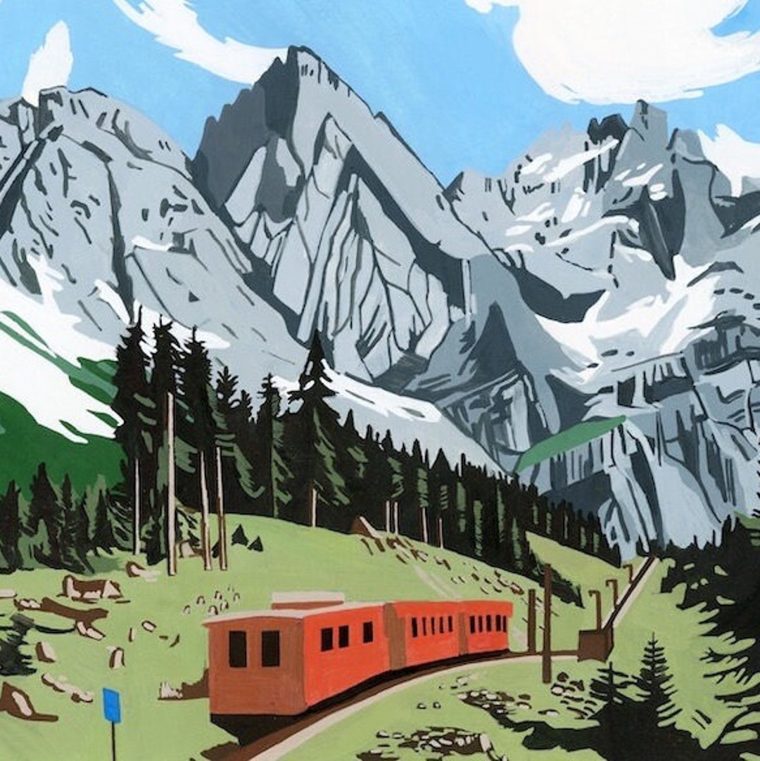 登山列車、アルプスのイラスト、保育園のアート、風景画 - Etsy 日本