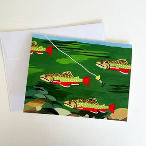 Tarjeta de pescado, tarjeta de notas 4.25x5.5, tarjeta de trucha en un río, tarjeta del Día del Padre
