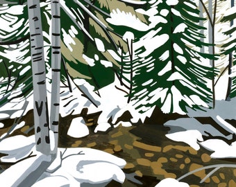 Mountain River Art, Original Gouache Landscape, Snowy Forest Painting, Mountain Print