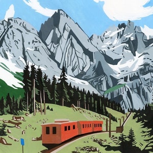 Mountain Train, Alpine Illustration, Nursery Art, Landscape Painting