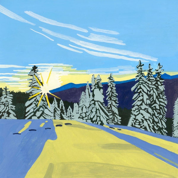 Berg Sonnenaufgang Gemälde, verschneiter Sonnenaufgang Fine Art Print, Wintermorgen