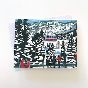 Ski Card, Ski, Tram, Skier, Resort, Ski Lift, Ski Art, Mountain Painting, Winter Sports, Snowbird, Skiing, Gouache Painting, Gouache Art