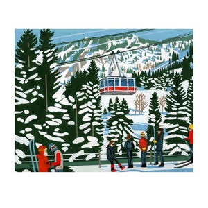 Ski Art, Ski Lift, Snowbird, Skiing, Skier, Ski Utah, Gouache Painting, Gouache Art, Rocky Mountains, Mountain Painting, Winter Sports