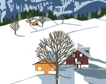 Swiss Chalet Print, Swiss Alps Gouache Illustration, Alpine Landscape