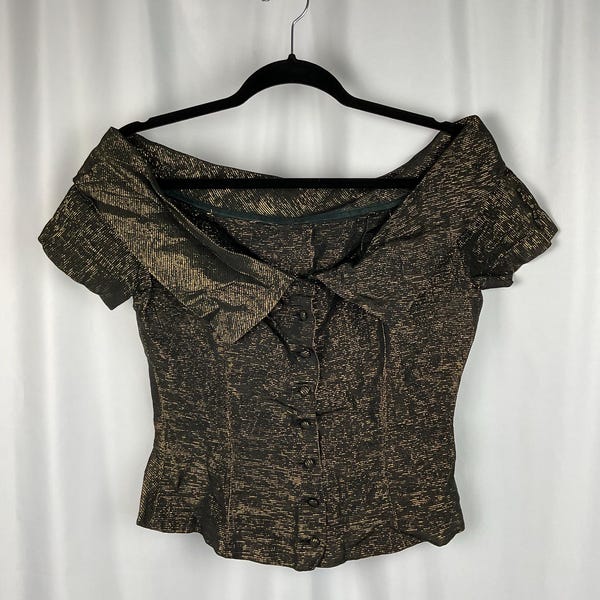 Vintage 1950s Lurex Blouse: Black & Gold Off-the-Shoulder Top, Size M