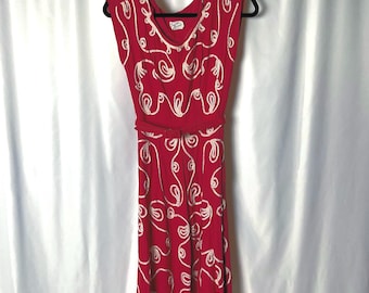 Vintage 1950s Pink Linen Day Dress: Soutache Swirls, Full Skirt, XS