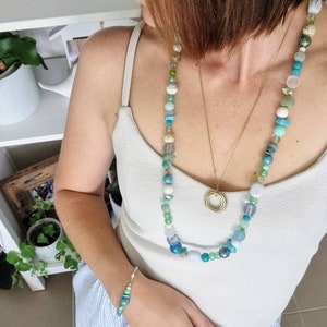 Sea glass inspired long beaded necklace and Bracelet -mixed blues, greens & white semi-precious, glass and acrylic beads - Ocean/beach style