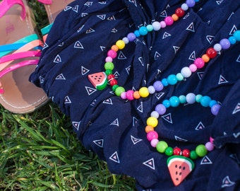 Kids Watermelon Stretch Beaded Necklace & Bracelet Set -avail. in 2 colourful combinations (Rainbow and Pink/White/Green) -Toddler Jewellery