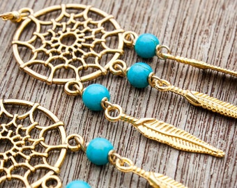 Dream Catcher Chandelier Earrings -Gypsy / Hippie / Boho style, with Turquoise, Purple or Wooden beads, in Silver OR Gold, Hooks OR Clip-ons