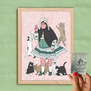 Schrullig Qajar Prinzessin Tadj al-Saltaneh Posing mit Katzen | Kunstdruck