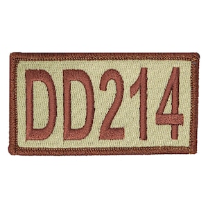 May include: A tan rectangular patch with a brown embroidered border and the text "DD214" in brown.