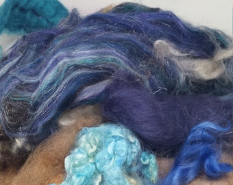 Little Bits of This and That - Spinning Fiber - Denim Blue Pink Brown  #14