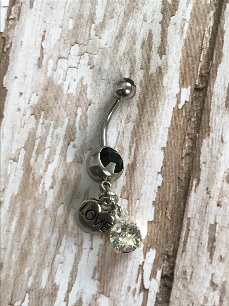 Black Belly Ring with Love and Crystal