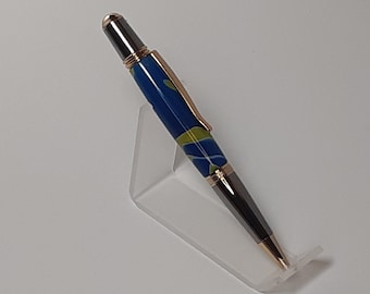 Sierra Twist Ball Point Pen in Gold and Chrome with blue and sun flash yellow acrylic