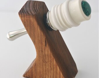 Handmade White Acrylic Bottle Stopper, Green emblem, Chrome, Party, Gift for him